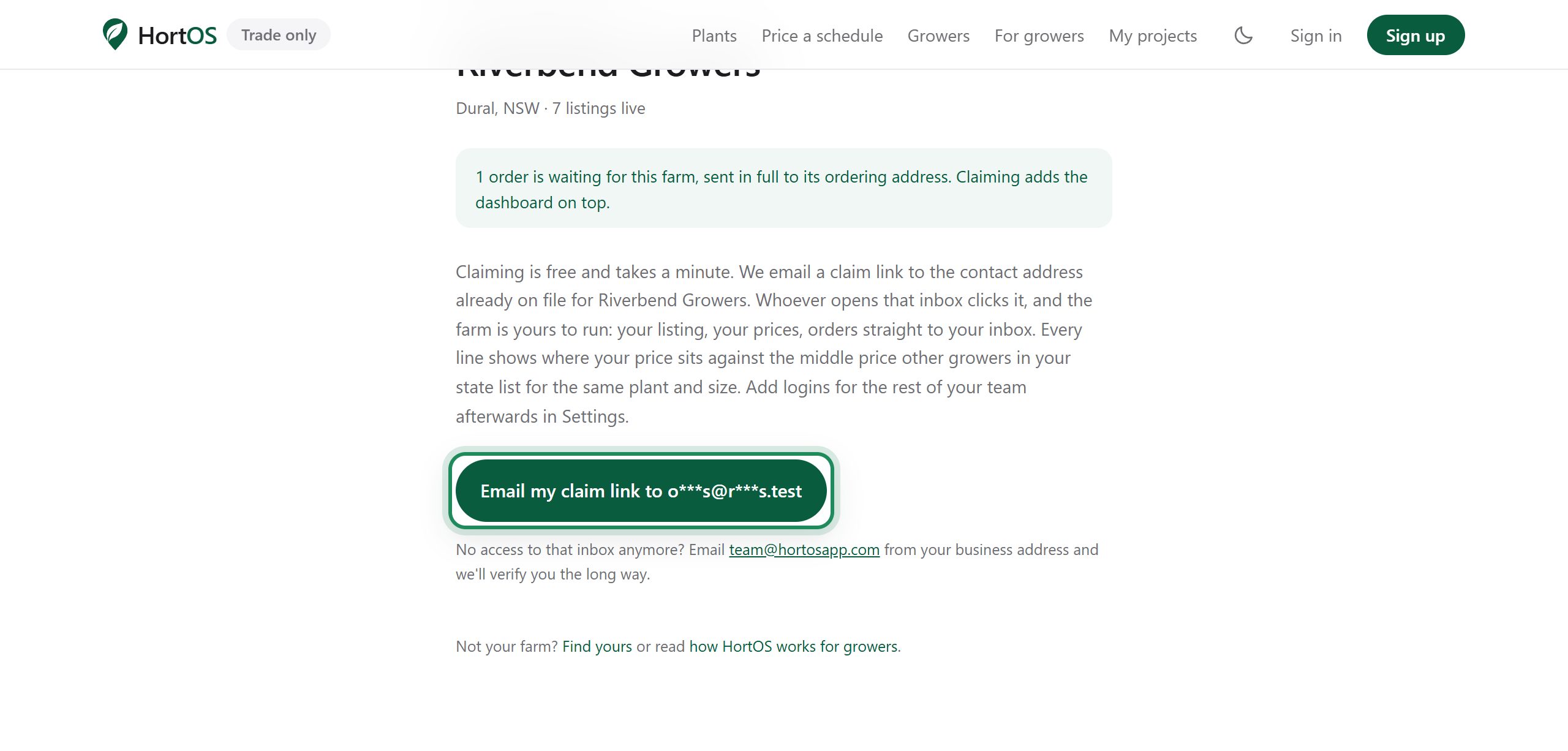 A farm claim page with the one-click claim button