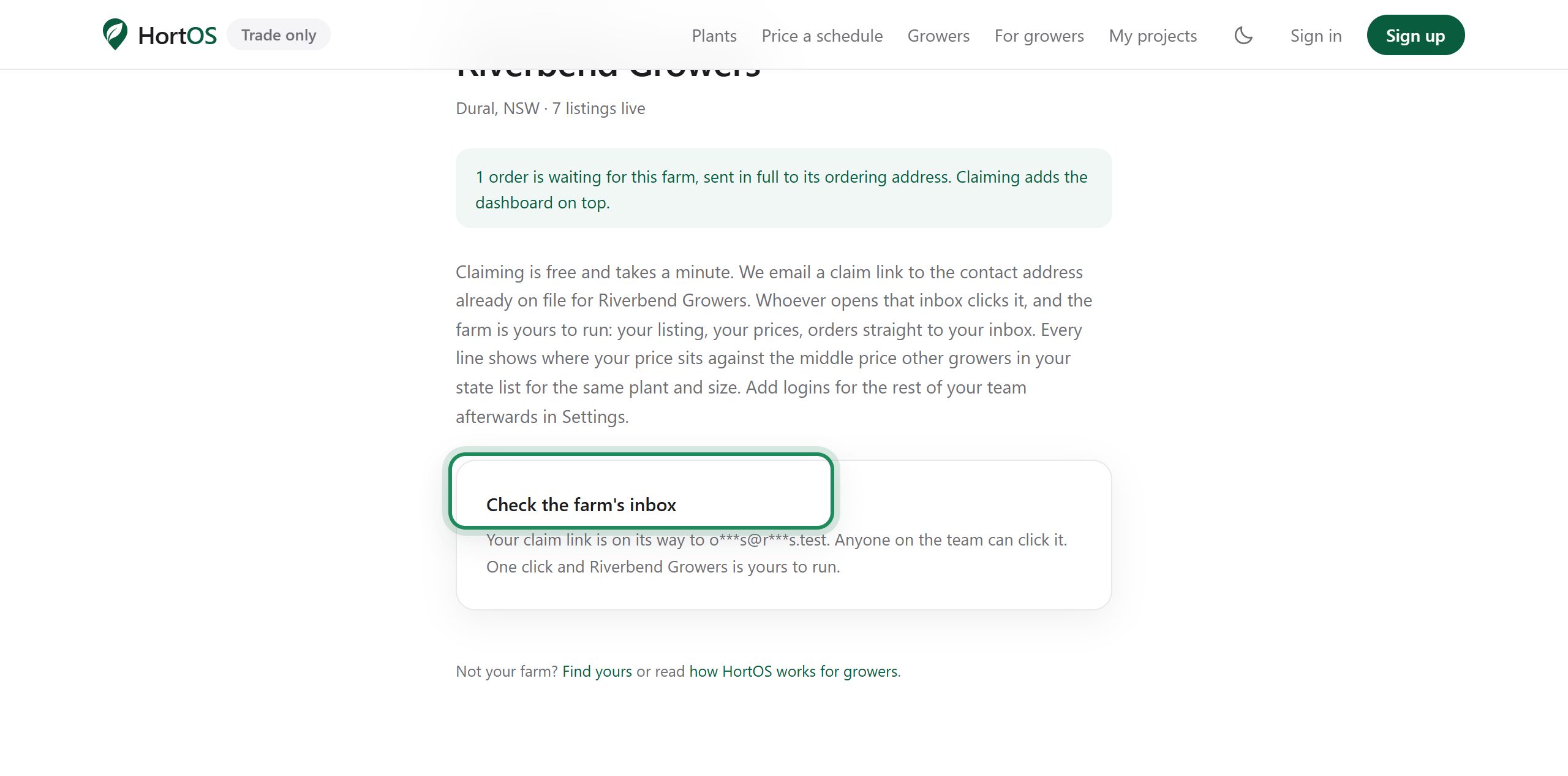 Confirmation that the claim link was sent