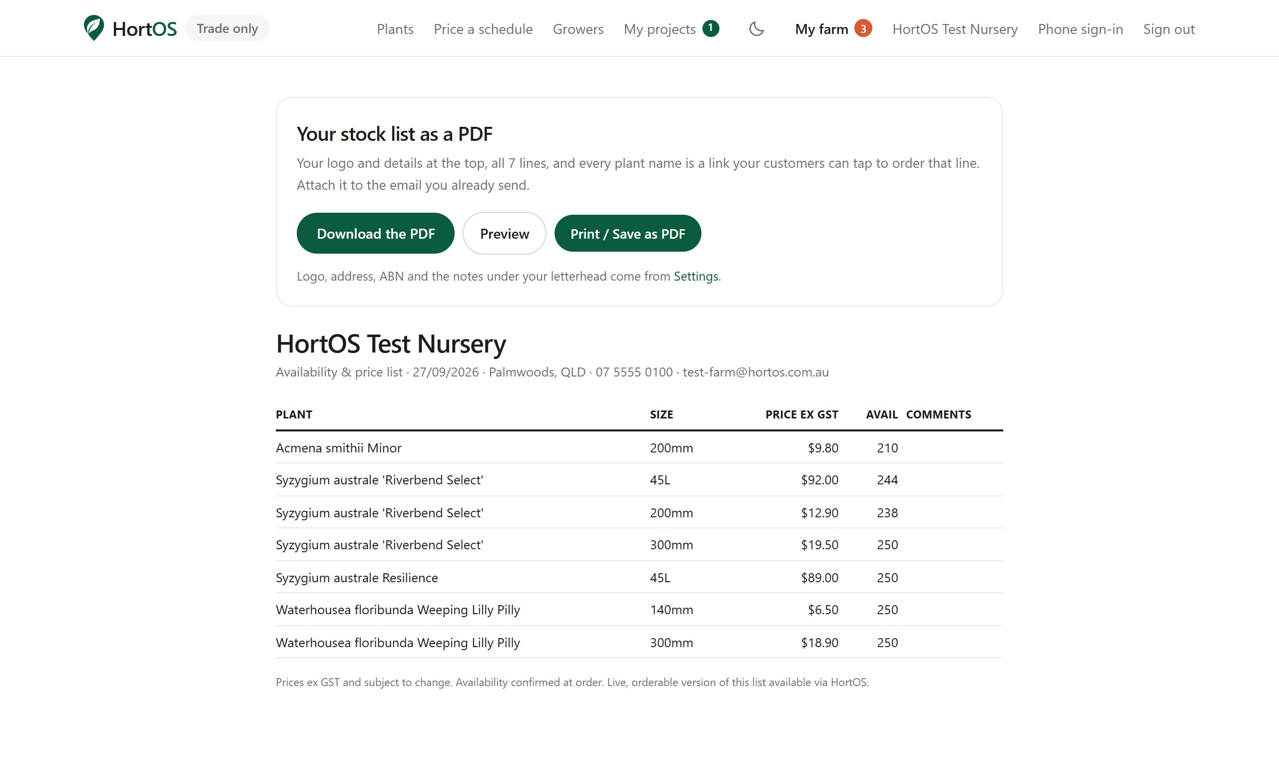 The printable price list