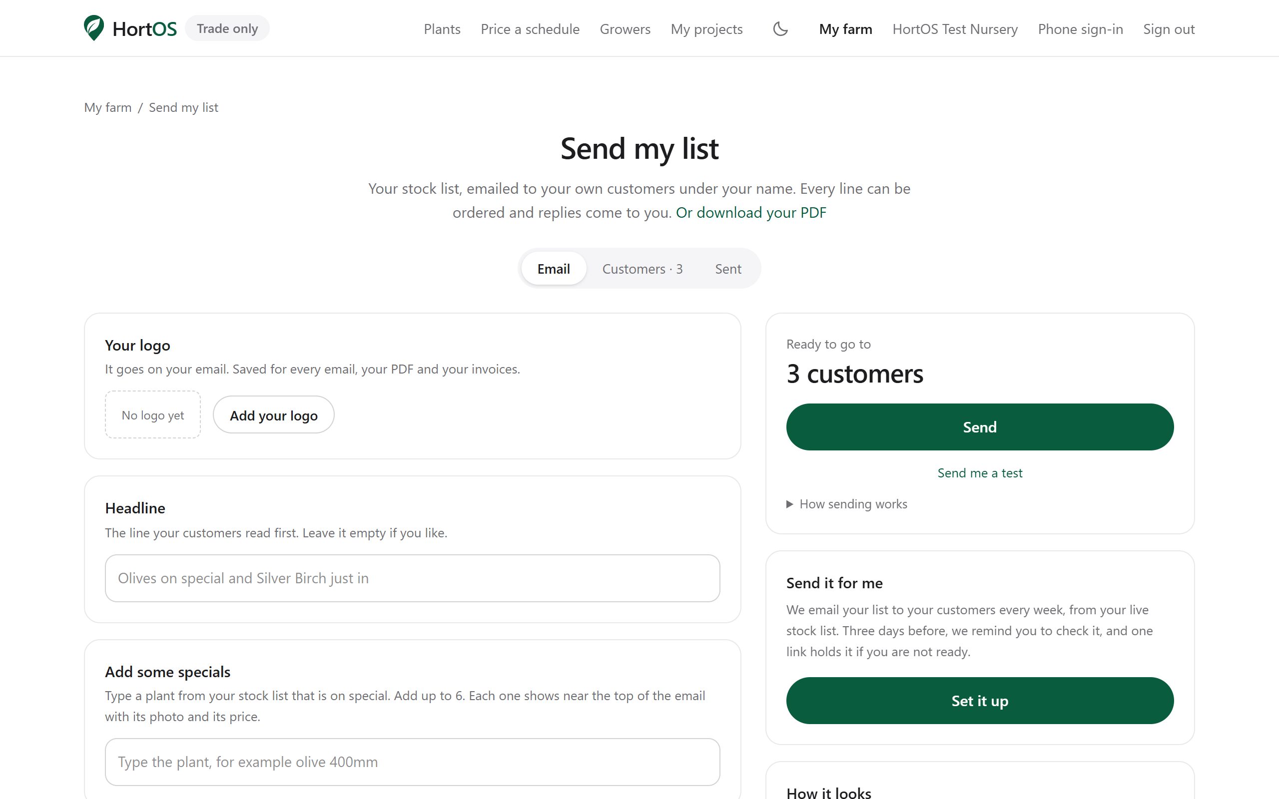 The Send my list page with the email built