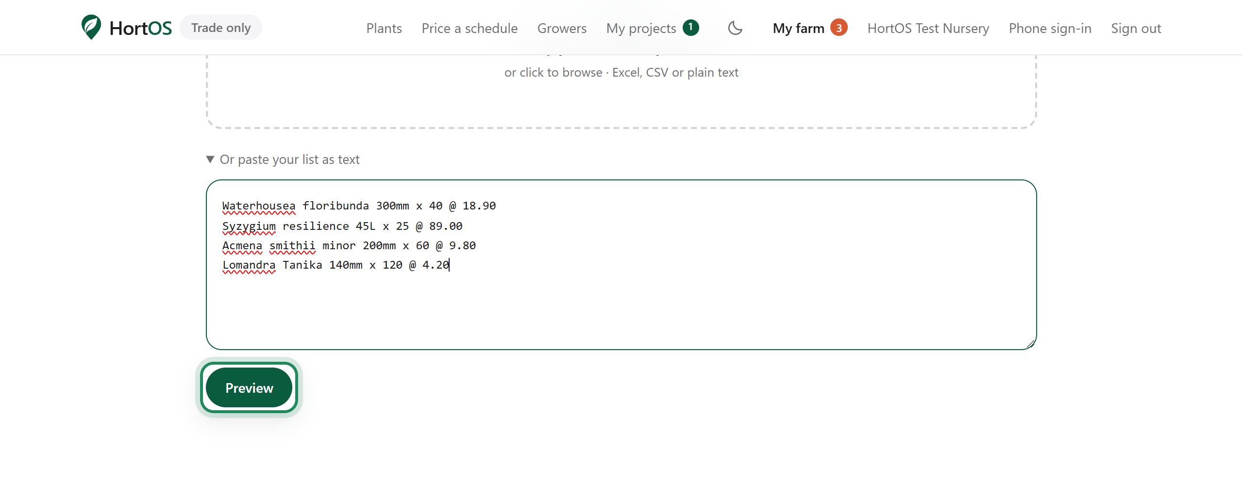 A pasted plain text stocklist
