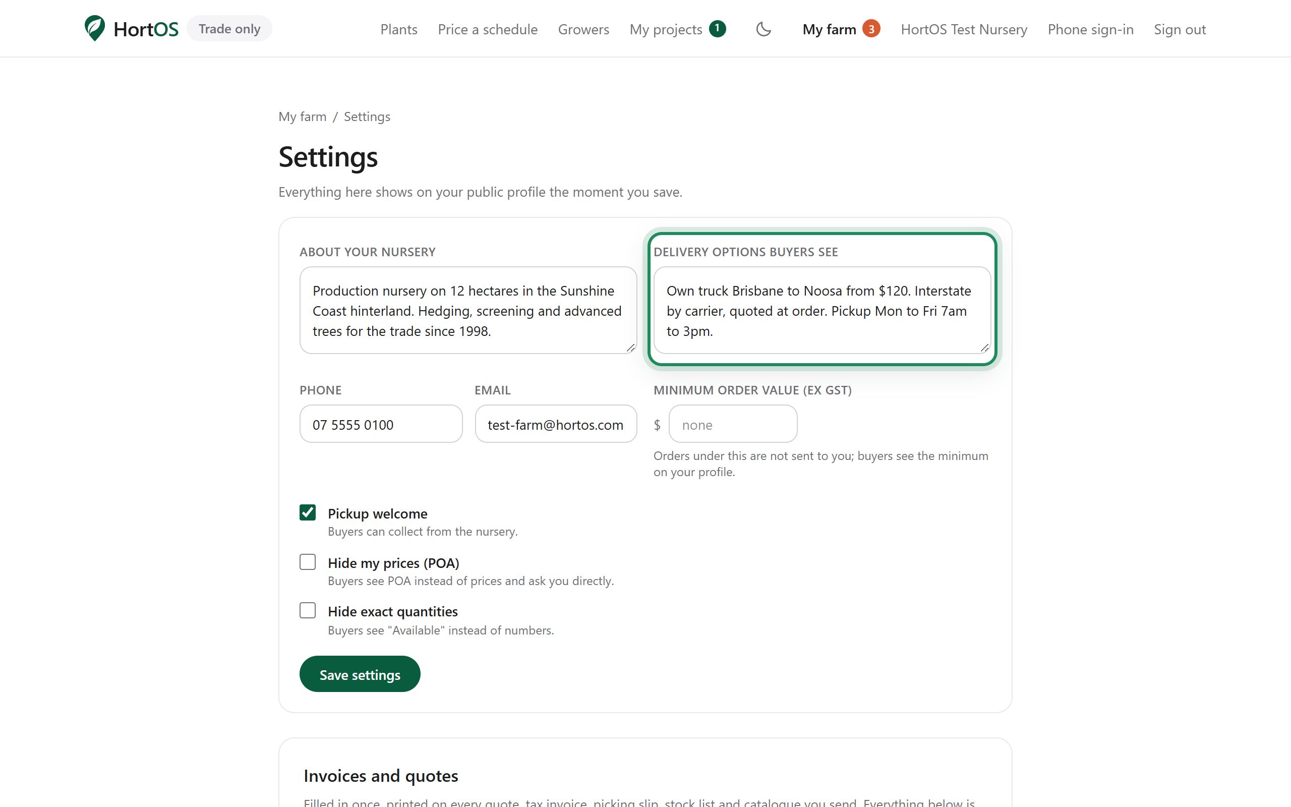 Delivery and pickup settings