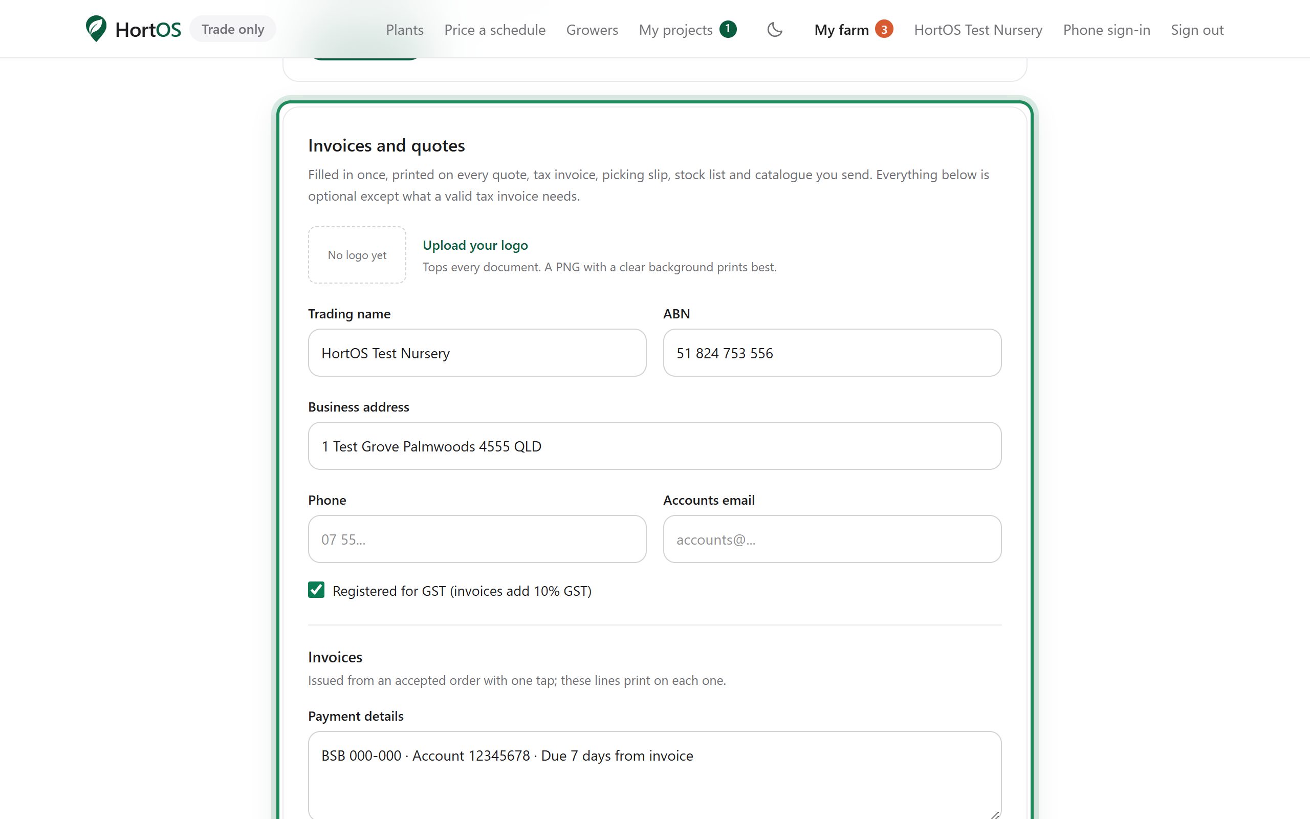 The invoicing settings
