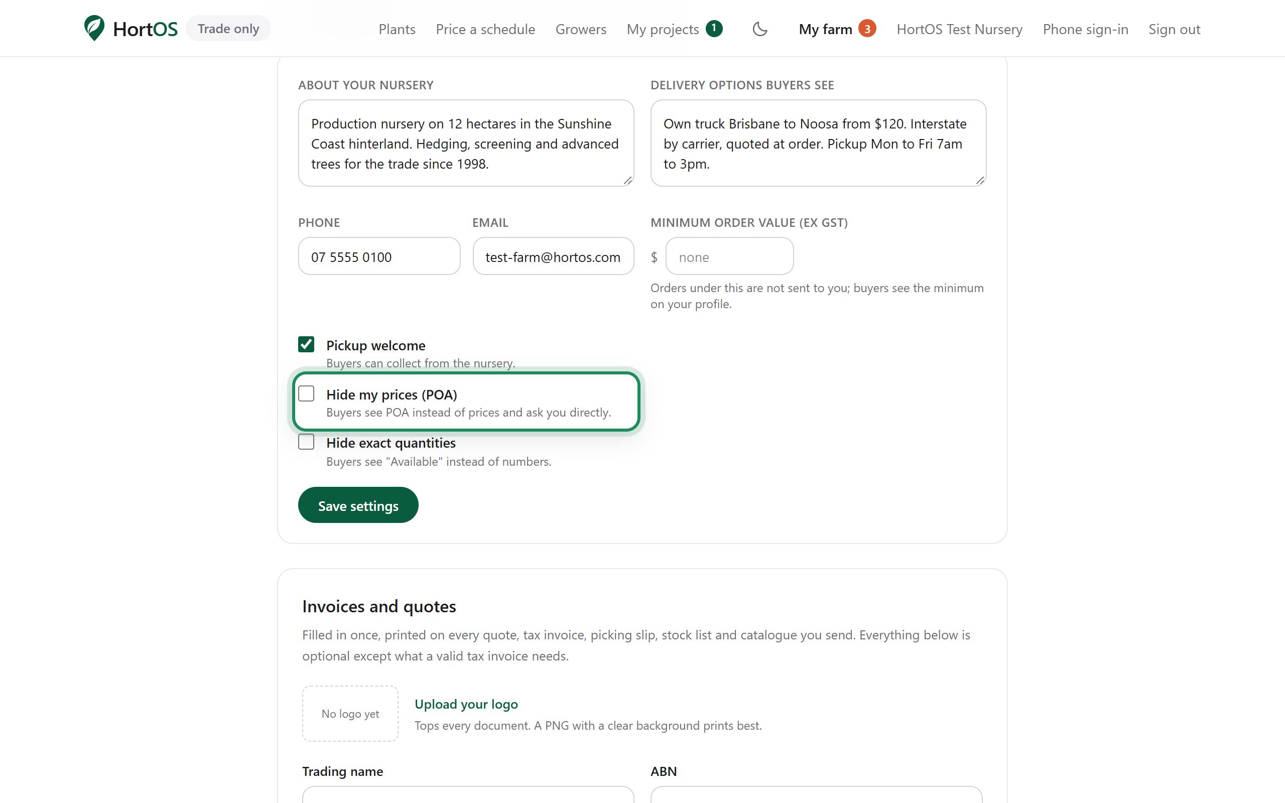 POA and quantity visibility settings